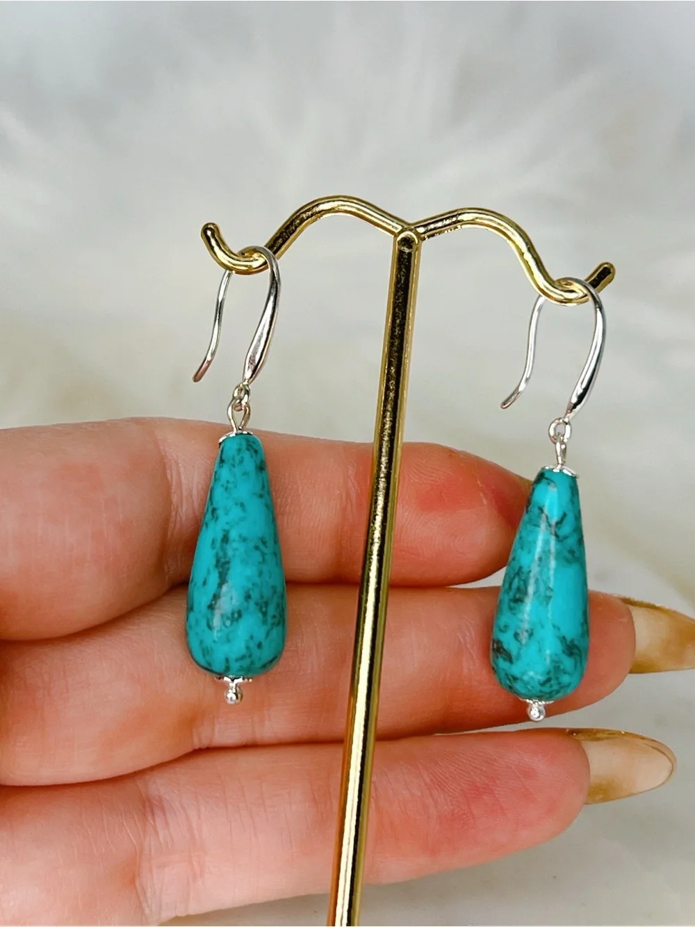Silver hook Turquoise 1.75” earrings teardrop dangle blue